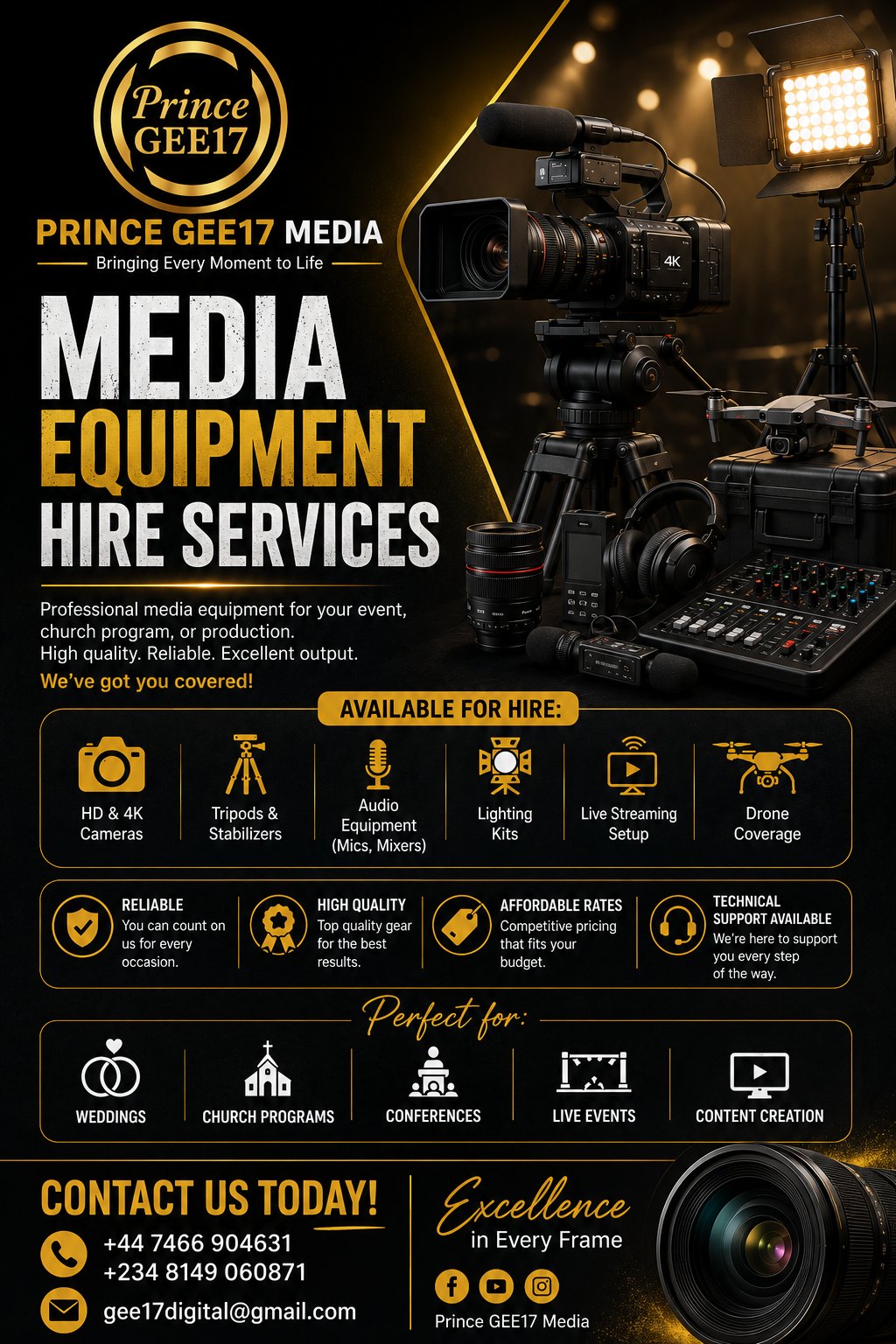 Prince GEE17 Media equipment hire services: cameras, tripods, audio, lighting, live streaming and drone coverage