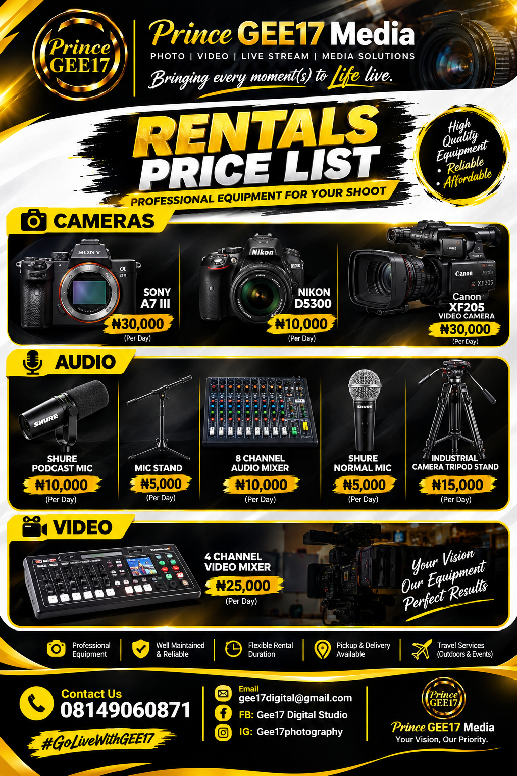 Prince GEE17 Media equipment rental catalogue